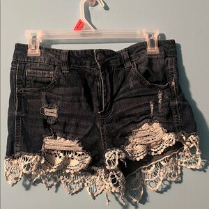 Women's Distressed Denim Shorts with Lace Trim